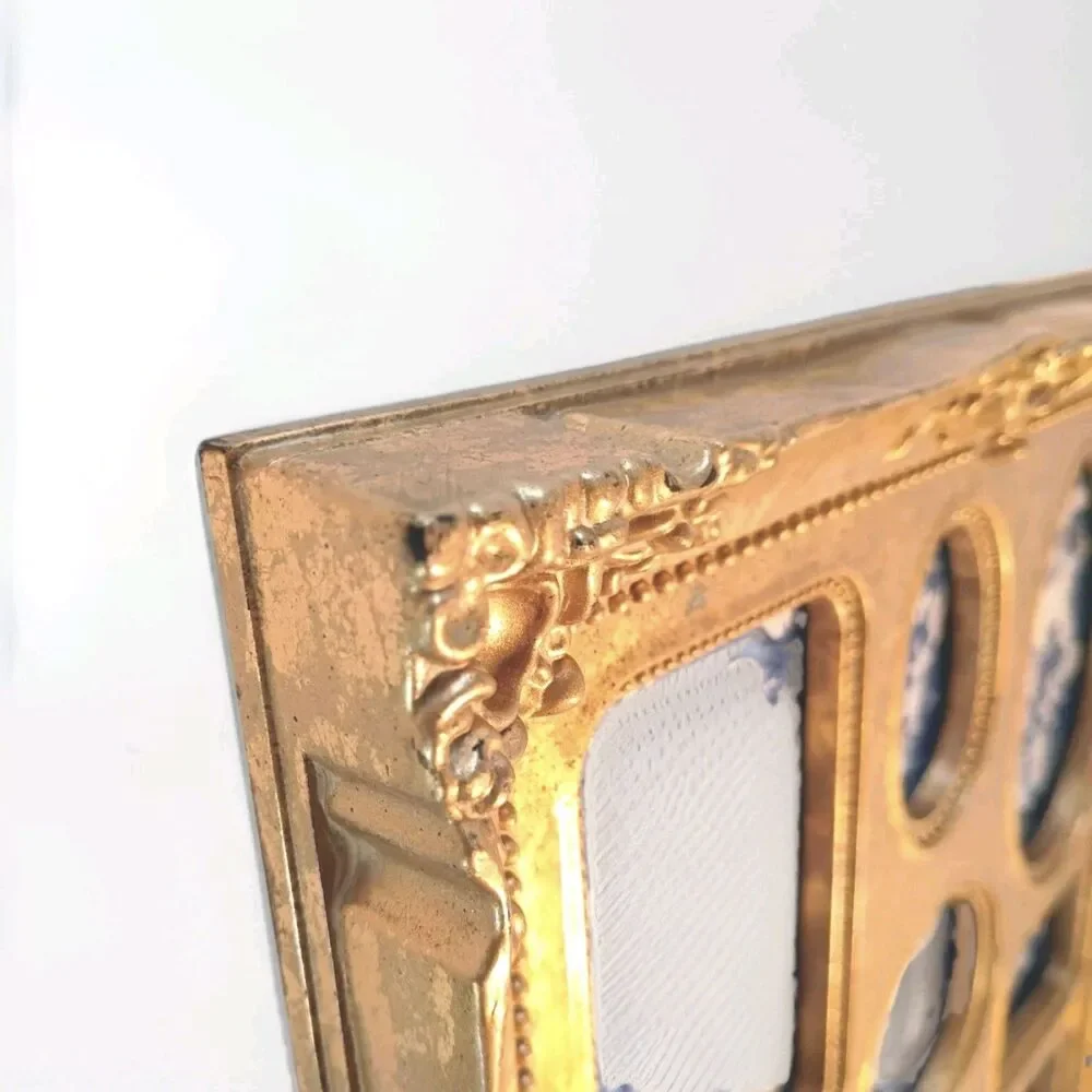 Large Gold Gallery Frame, Wall or Table Mount, 7 photo slots, 15x12